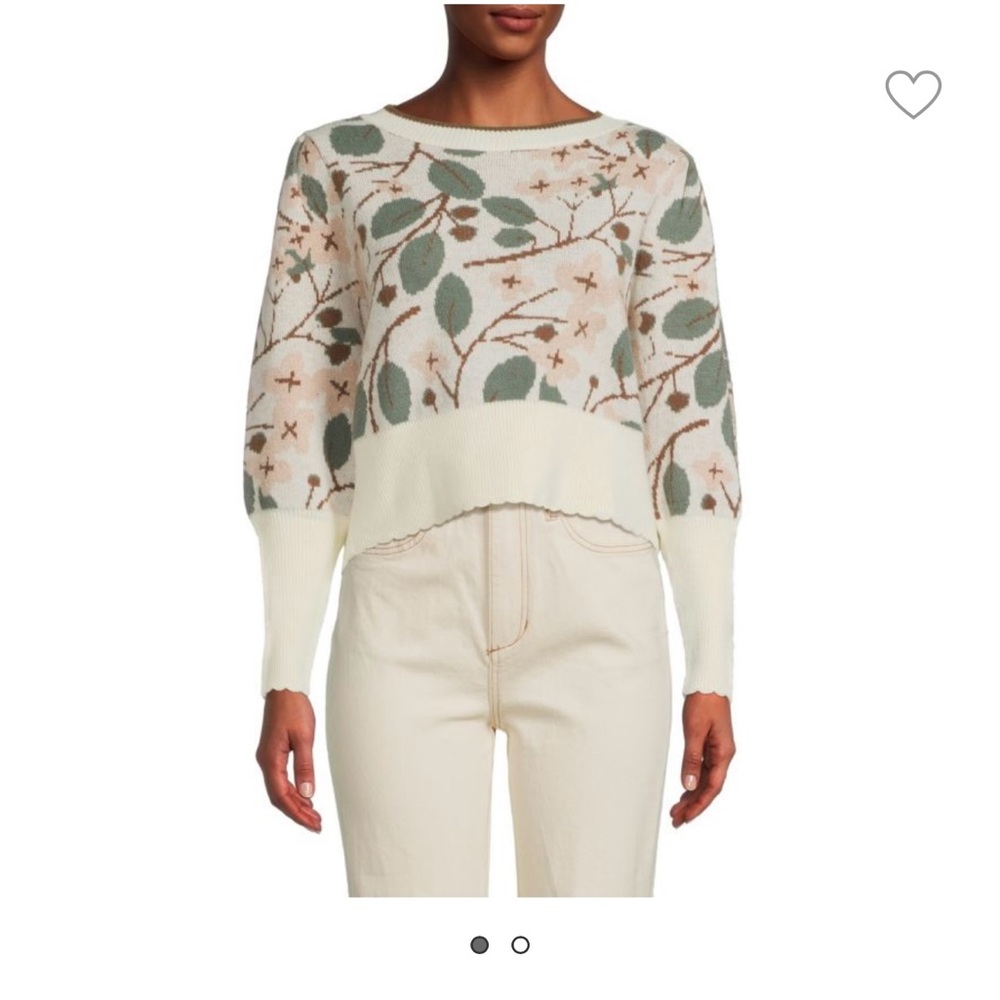 70/21 Cream and Green Crew Neck Sweater with Botanical Design